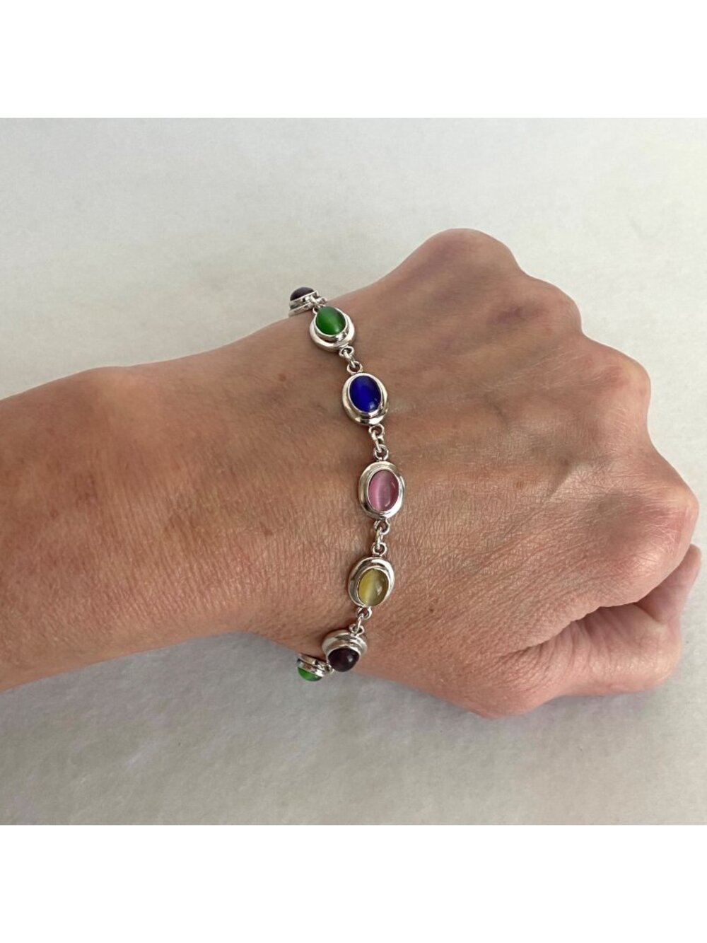 Sterling Silver 925 Multi Colored Oval Cats Eye Link Station Bracelet Sz 7.75" - Picture 1 of 16